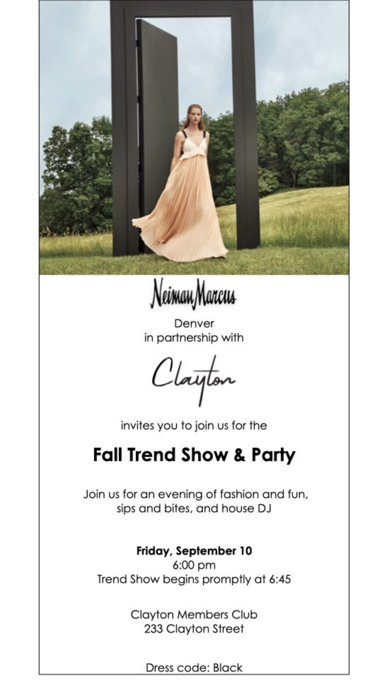 Nieman Marcus Fall Trend Show & Party Flyer held at the Clayton Members Club in Cherry Creek, CO