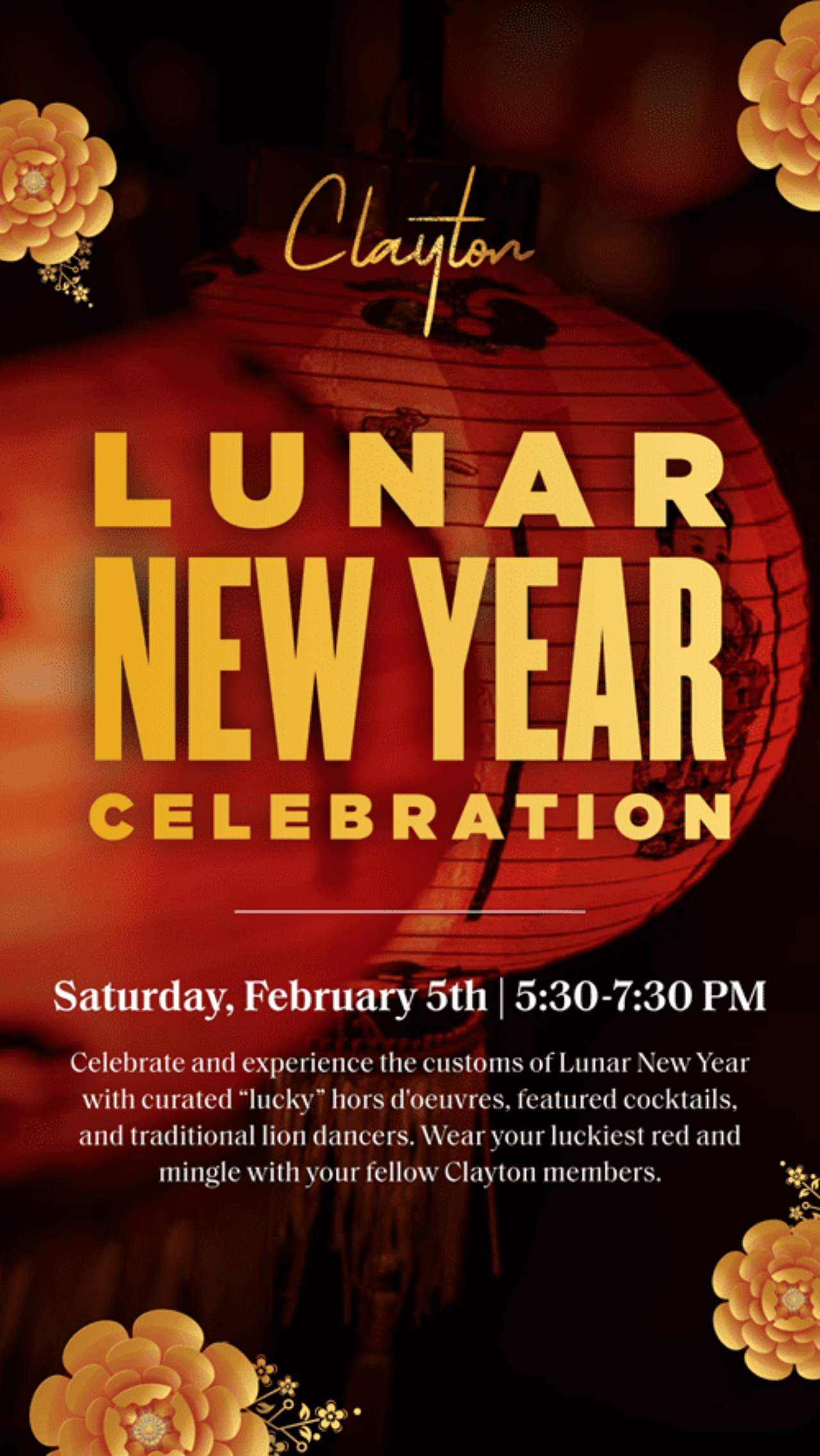 Lunar New Year Celebration flyer with red lanterns and flowers on the side at our Hotel in Denver, Colorado