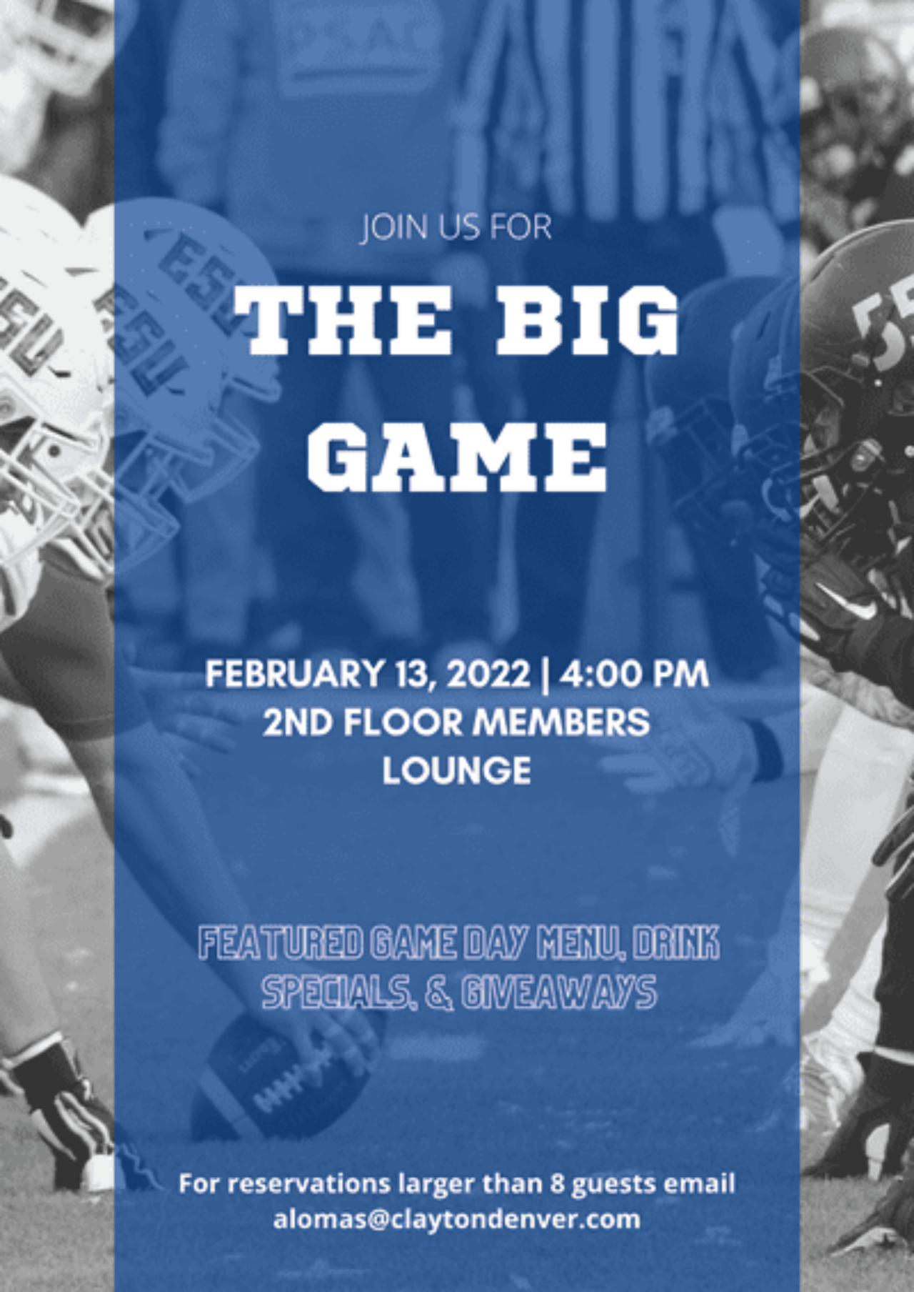 Flyer for the Big Game event at our Denver, CO hotel