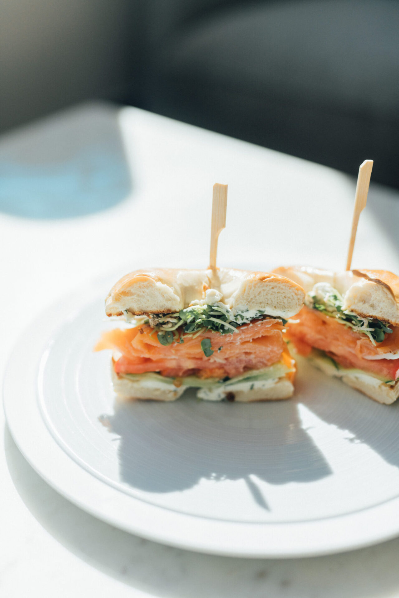 Bagel sandwich with lox and greens at our rooftop restaurant in Denver