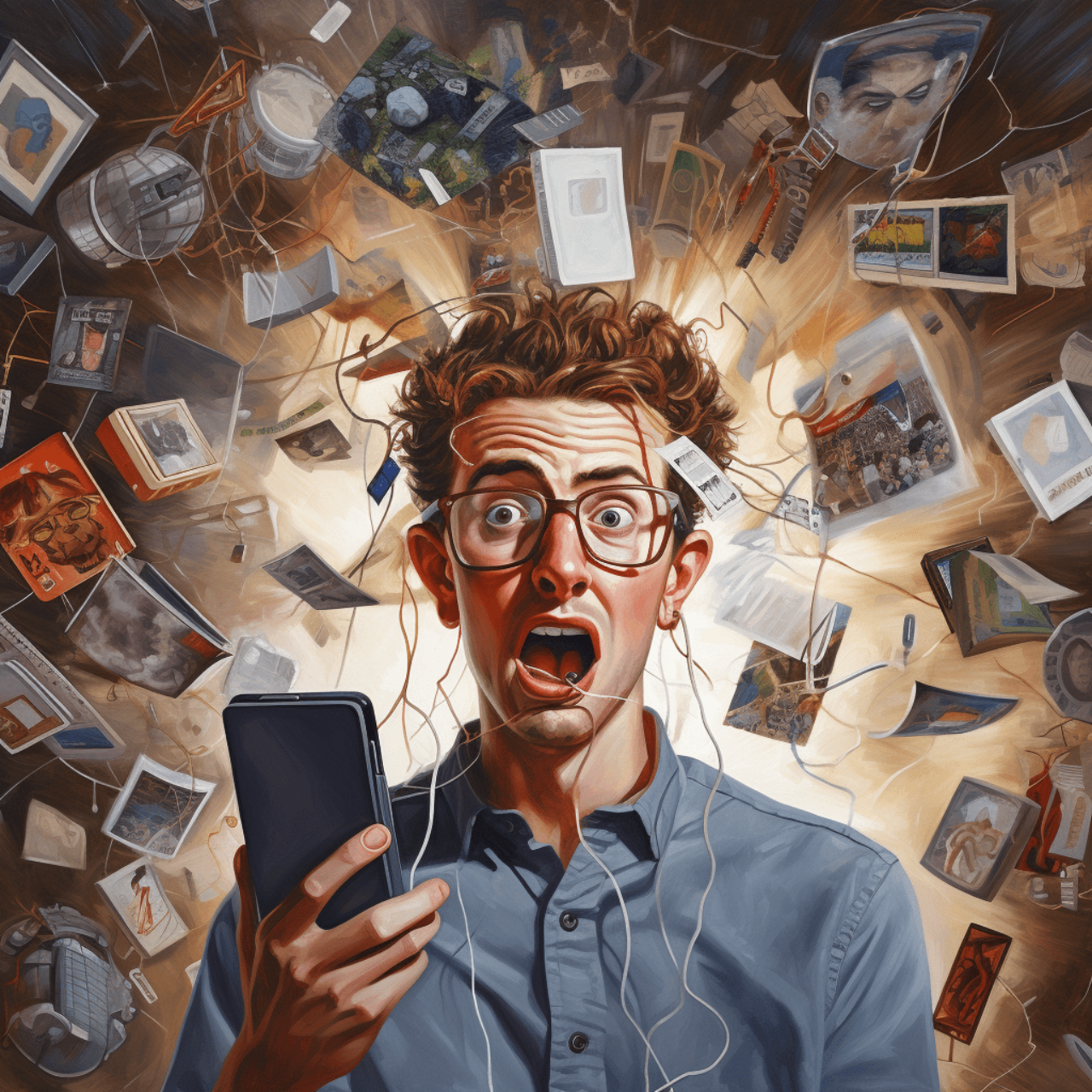 AI art of a shocked man surrounded by wires and news headlines